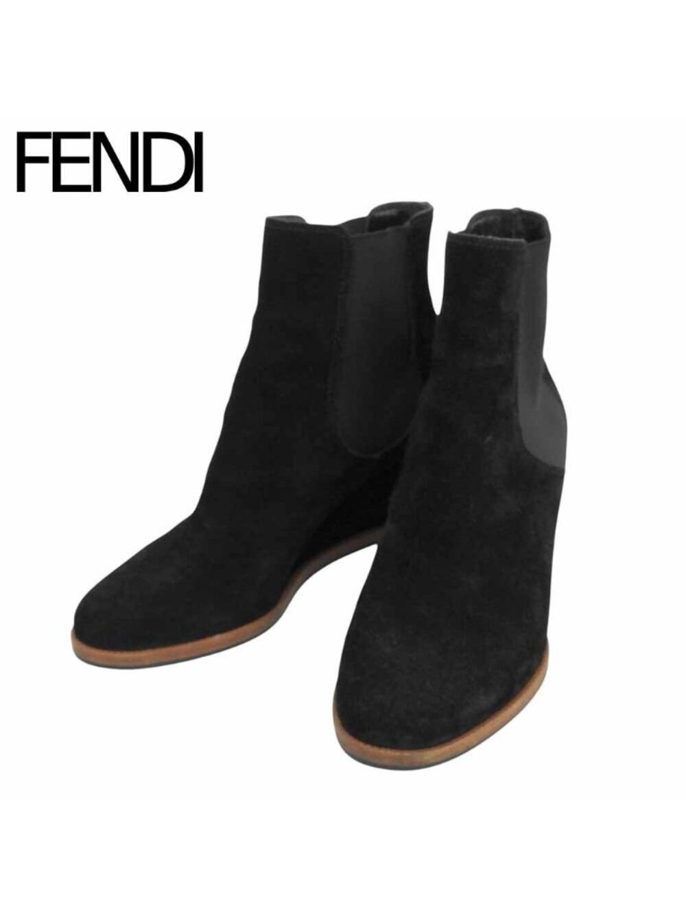 Fendi Side Gore Suede Wedge Heels Short Boots Shoes Black